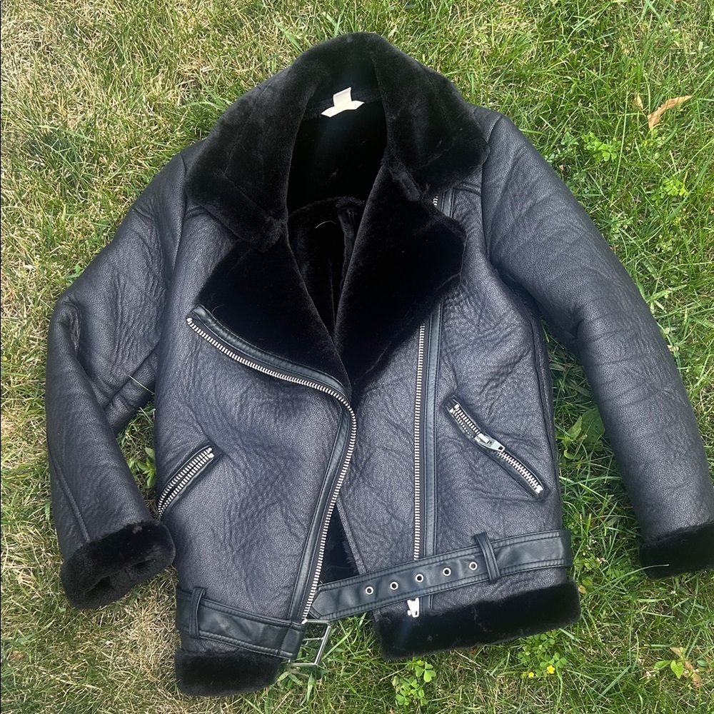 H&M Black Leather Jacket with Fur Trim